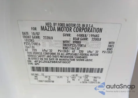 2008 Mazda Tribute I Sport from USA, damaged, VIN 4F2CZ02Z98KM18037